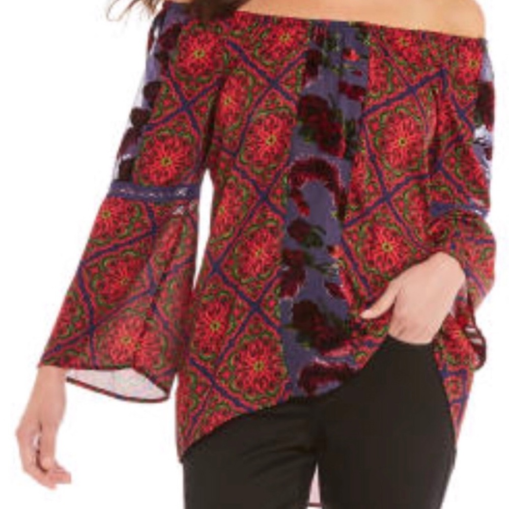 Boho Fig and Flower off shoulder Burnout Tunic top